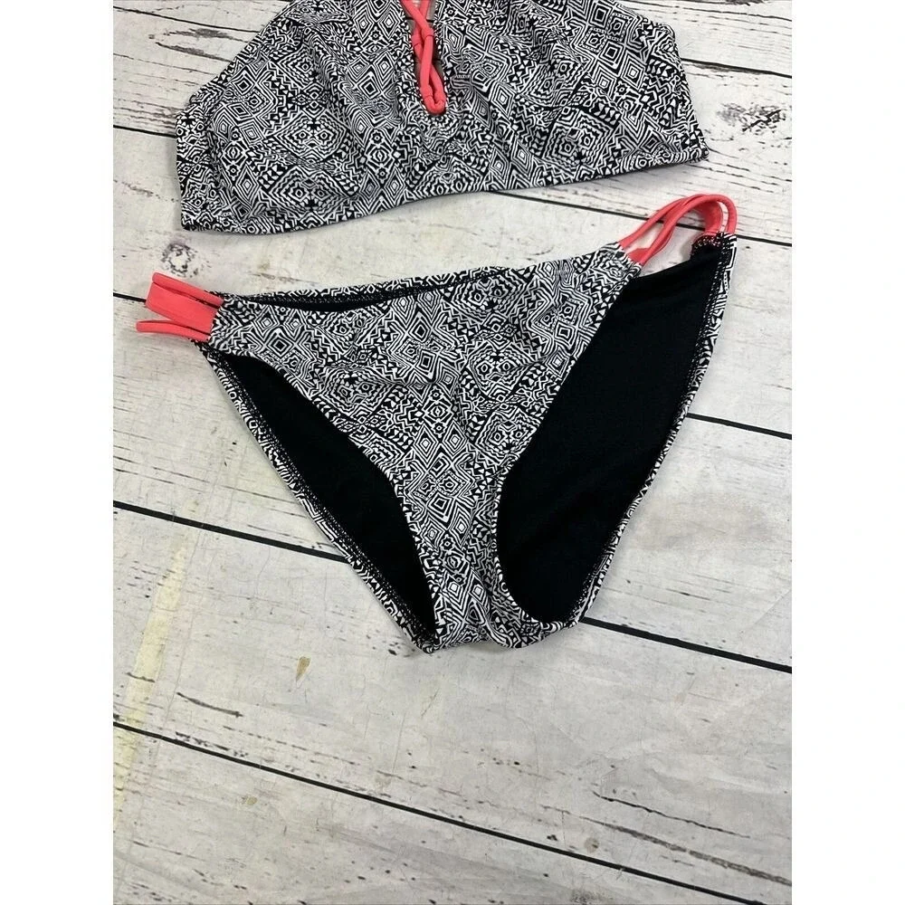 O'Rageous Womens Geometric Tribal Print Bikini Set Black White Coral Pink Large